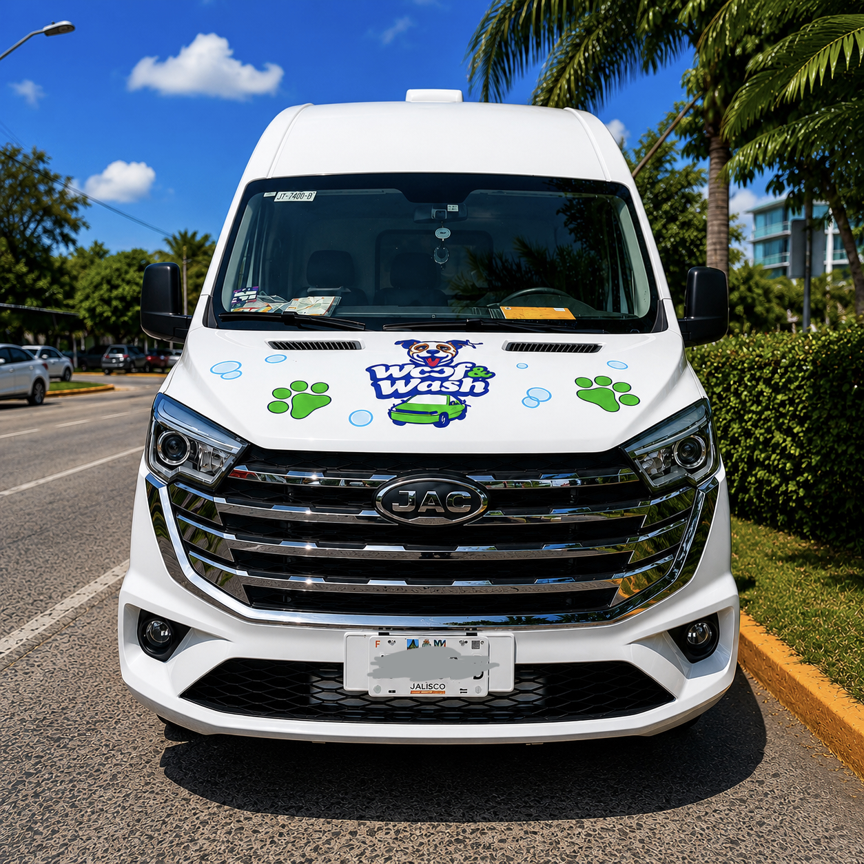Unidad móvil de Woof & Wash vista de frente